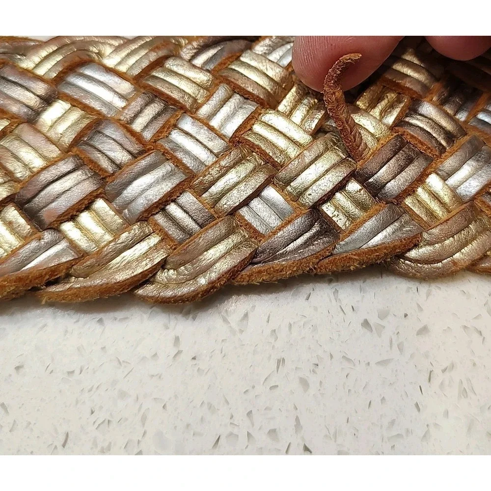 Preston & York Belt Sz Small Leather Tan Gold Braided Brass Ring Buckle Boho